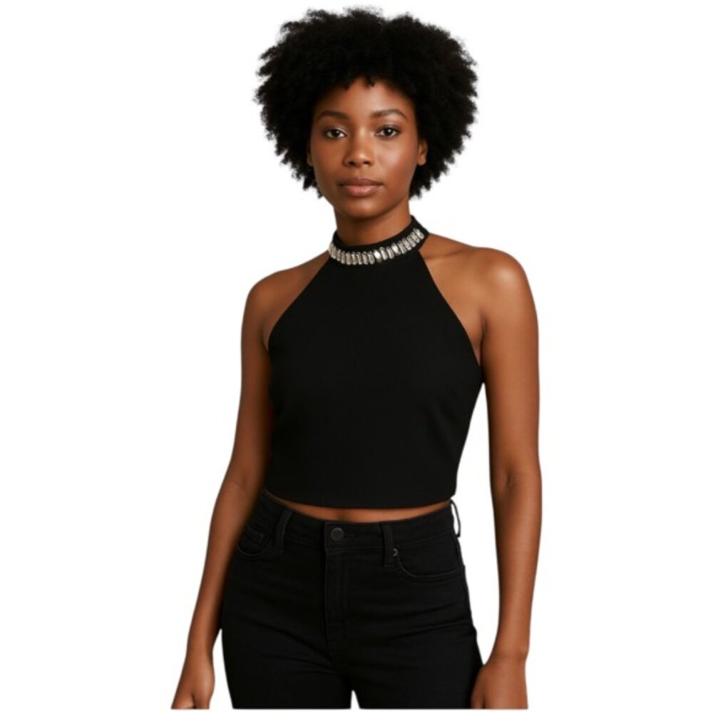 JOA Los Angeles Black Cropped Mock Jeweled Neck Halter Top